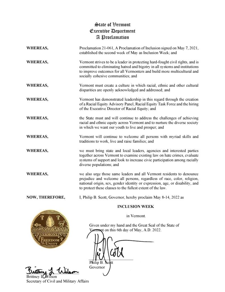 Events Vermont Declaration of Inclusion